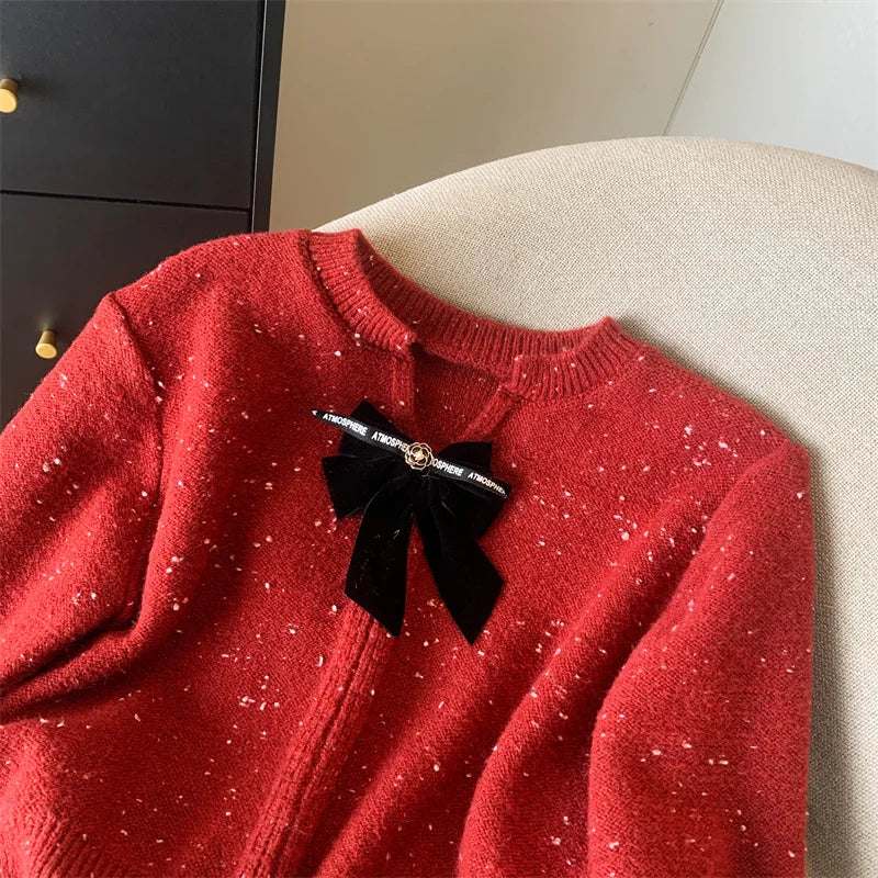 White Long Sleeve Knitted Women Bright Silk Bow Sweater Red V-neck Office Lady Button Casual Pullover Top Autumn Winter