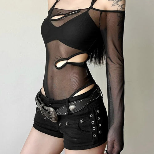 Load image into Gallery viewer, Y2k Aesthetic Two Pieces Set See Through Gauze Slash Neck Grunge Jumpsuits  + Women Harajuku Sexy Camisole Summer Grunge Suit
