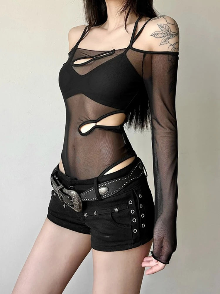 Y2k Aesthetic Two Pieces Set See Through Gauze Slash Neck Grunge Jumpsuits  + Women Harajuku Sexy Camisole Summer Grunge Suit