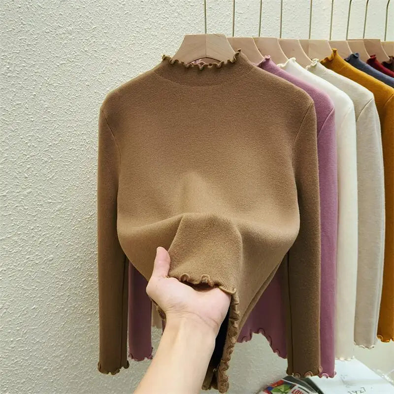 Autumn Winter Korean Solid Half Height Collar Velvet Knit Sweater Women Fashion Warm Long Sleeve Festival Pullovers Tops Casual
