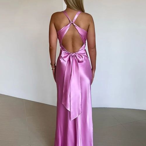 Load image into Gallery viewer, Satin Bow Backless Sexy Maxi Dress For Women Gown Fashion V Neck Sleeveless Club Party Evening Dress Elegant
