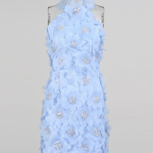 Load image into Gallery viewer, Solid Spliced 3D Flower Elegant Dresses for Women Halter Sleeveless Patchwork Sequins Fashion Mini Dress Female New
