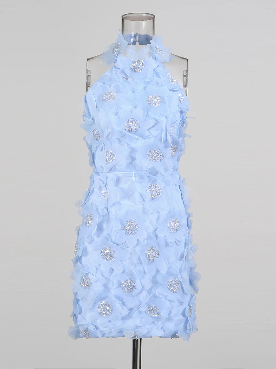 Solid Spliced 3D Flower Elegant Dresses for Women Halter Sleeveless Patchwork Sequins Fashion Mini Dress Female New