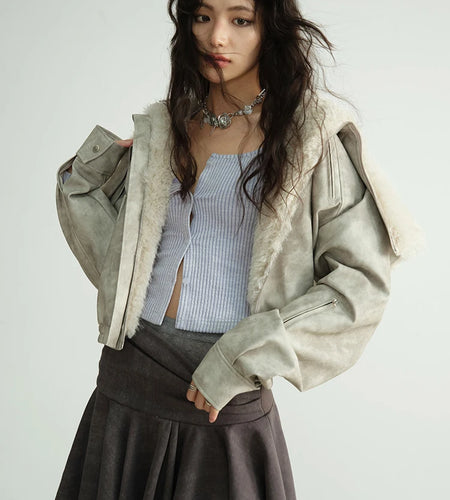 Apricot Thick Big Size Short PU Leather Jacket New Fur Hooded Long Sleeve Women Coat Fashion Autumn Winter 2025 1DH8270