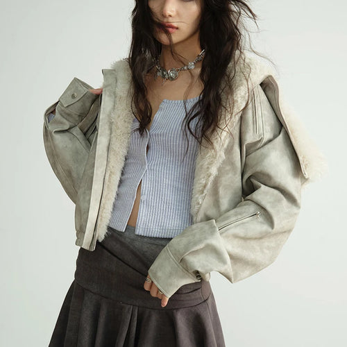 Load image into Gallery viewer, Apricot Thick Big Size Short PU Leather Jacket New Fur Hooded Long Sleeve Women Coat Fashion Autumn Winter 2025 1DH8270
