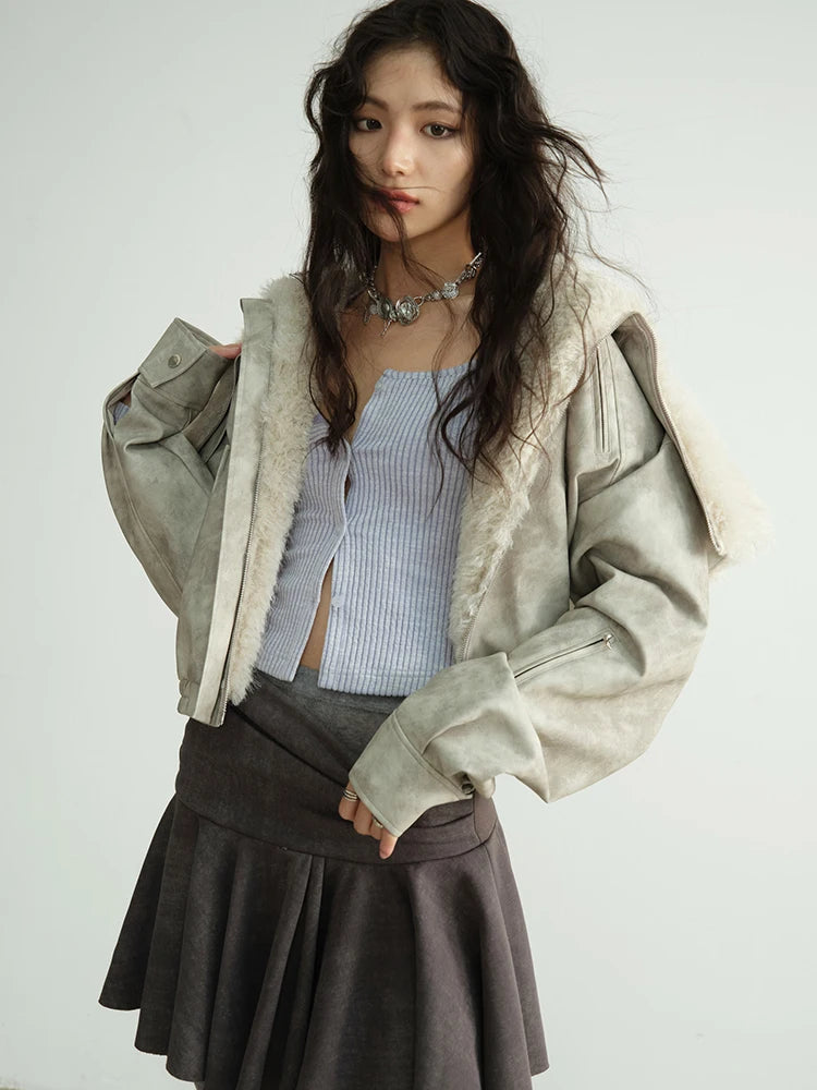 Apricot Thick Big Size Short PU Leather Jacket New Fur Hooded Long Sleeve Women Coat Fashion Autumn Winter 2025 1DH8270