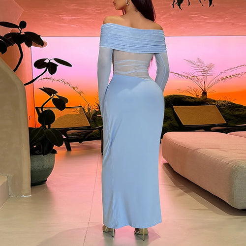 Load image into Gallery viewer, Off-shoulder Mesh See Through Sexy Maxi Dress For Women Elegant Strapless Long Sleeve Backless Bodycon Club Party Dress
