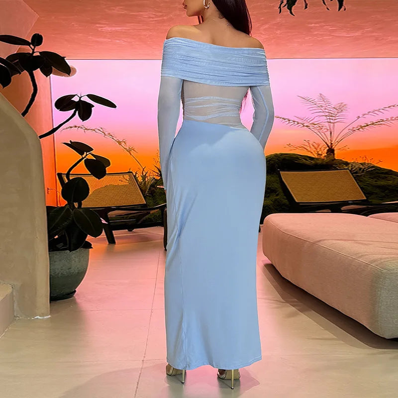 Off-shoulder Mesh See Through Sexy Maxi Dress For Women Elegant Strapless Long Sleeve Backless Bodycon Club Party Dress