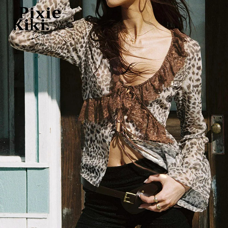 Leopard Print Mesh Sheer Sexy Shirts & Blouses Lace Trim Tie Front V Neck Full Sleeve Top Women Clothing P84-CA13