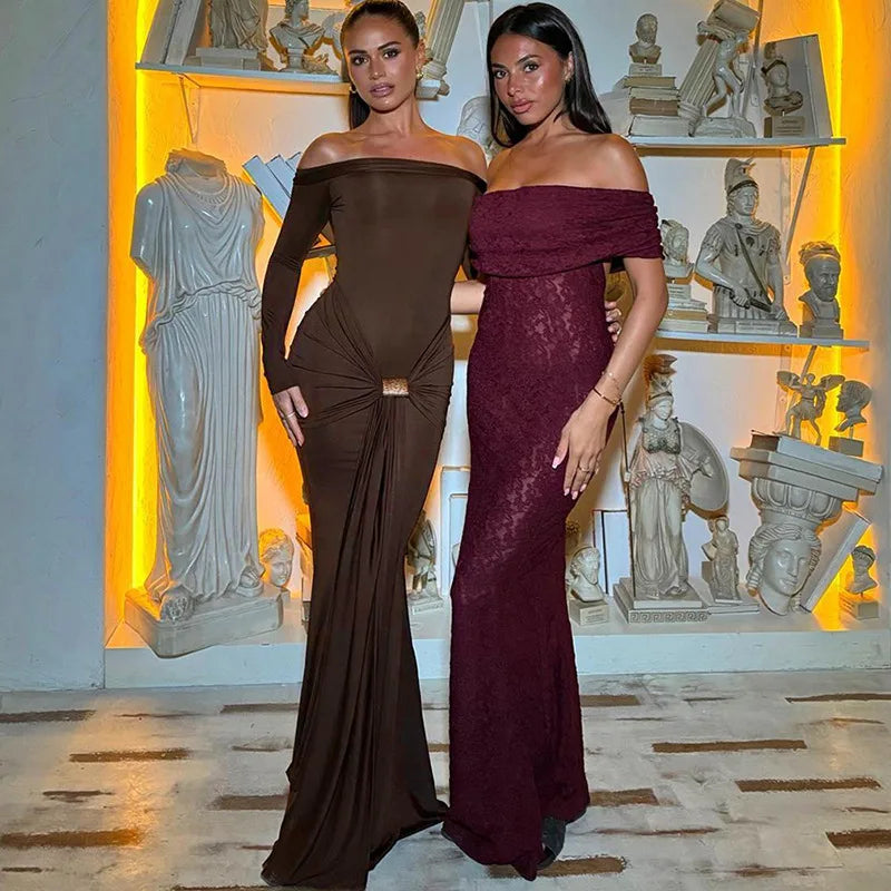 Off-shoulder Long Sleeve Sexy Maxi Dress For Women Fashion Strapless Backless Draped Bodycon Club Party Long Dress