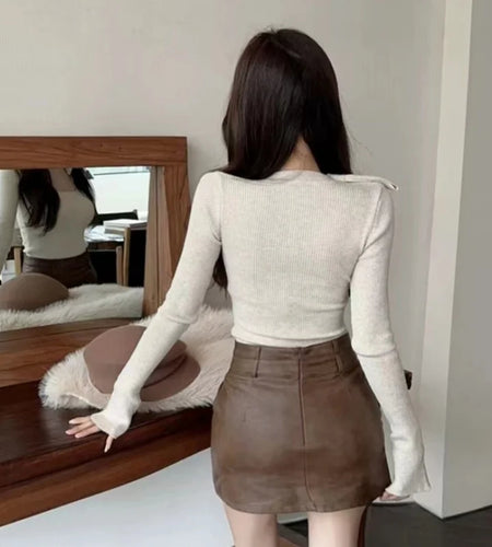 y2k Fairycore Top Women Clothing Solid Color Tie Bow Round Neck Long Sleeve Knitted T Shirt 2000s Clothes Streetwear