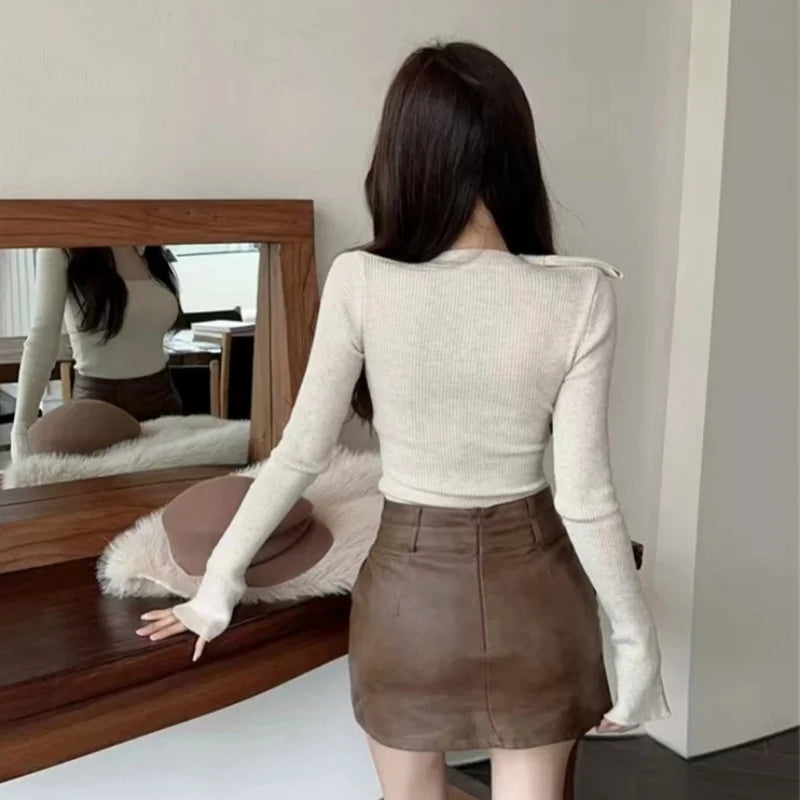 y2k Fairycore Top Women Clothing Solid Color Tie Bow Round Neck Long Sleeve Knitted T Shirt 2000s Clothes Streetwear