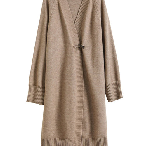 Load image into Gallery viewer, Khaki Horn Button Big Size Knitting Cardigan Sweater V-Neck Long Sleeve Women New Fashion Tide Spring Autumn 2025 1DH6439
