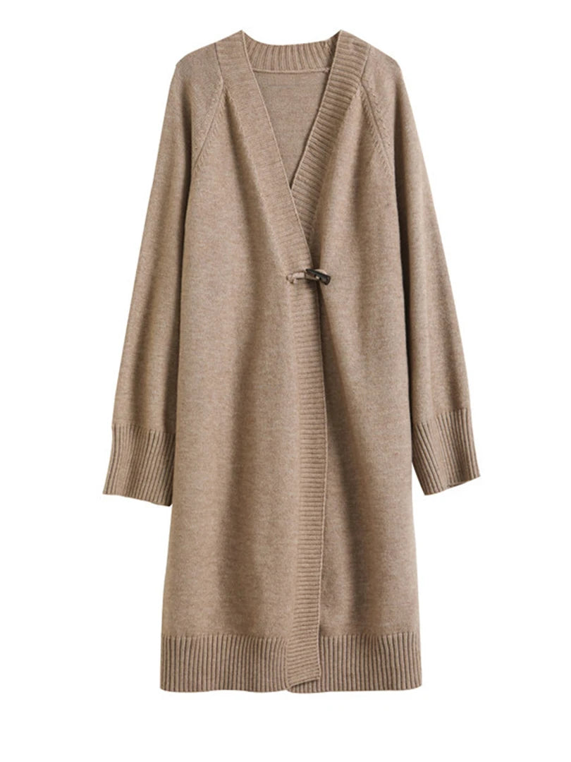 Khaki Horn Button Big Size Knitting Cardigan Sweater V-Neck Long Sleeve Women New Fashion Tide Spring Autumn 2025 1DH6439
