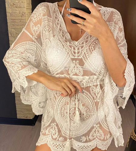 Sexy Lace See Through Long Sleeve Tunic Beach Cover Up Cover-ups Beach Dress Beach Wear Beachwear Female Women V4528