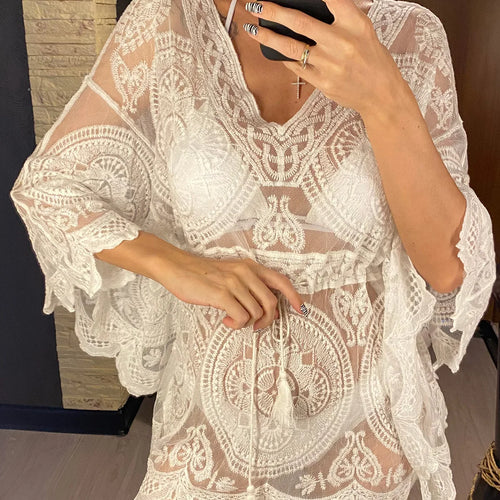 Load image into Gallery viewer, Sexy Lace See Through Long Sleeve Tunic Beach Cover Up Cover-ups Beach Dress Beach Wear Beachwear Female Women V4528
