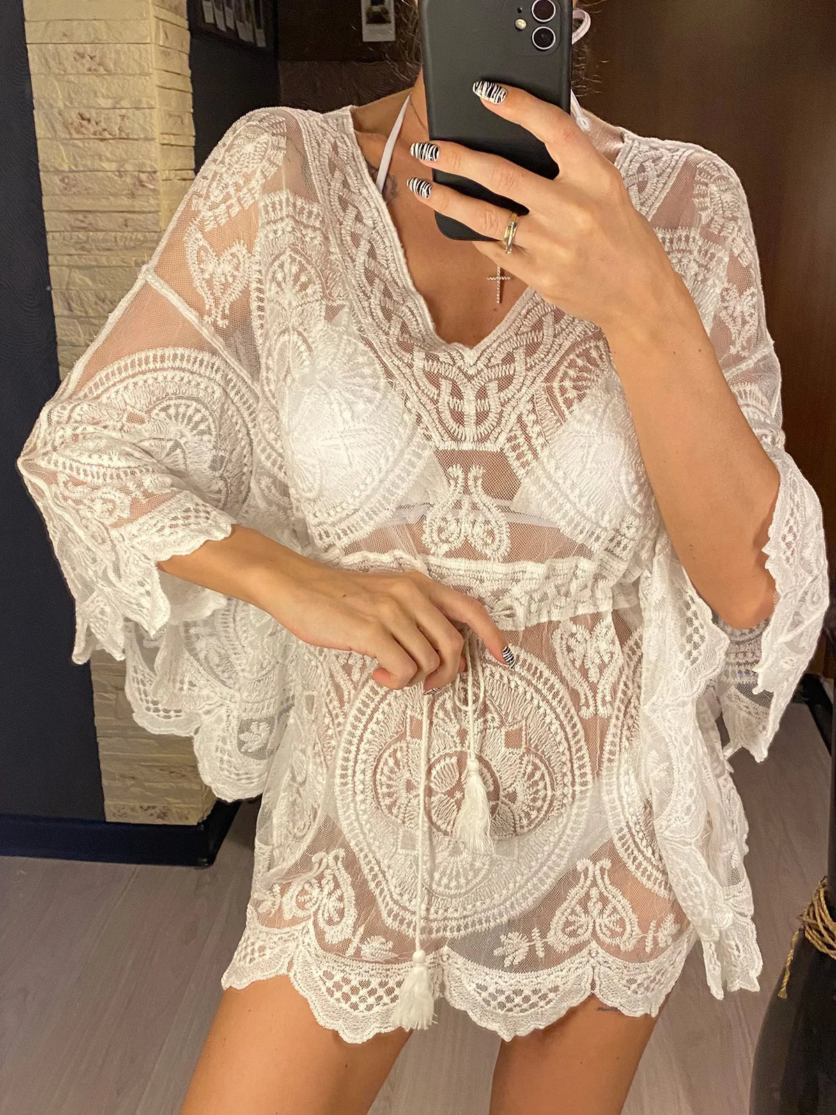 Sexy Lace See Through Long Sleeve Tunic Beach Cover Up Cover-ups Beach Dress Beach Wear Beachwear Female Women V4528