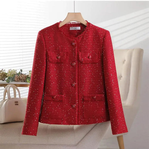 Load image into Gallery viewer, Korean Retro Pink Beige Women&#39;s Single Breasted Sequins Blazer Jacket 2024 New Spring Autumn Red Temperament Goddess Top Popular
