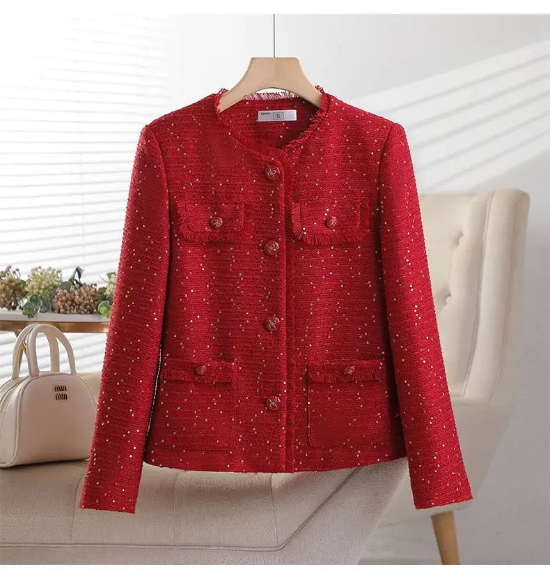 Korean Retro Pink Beige Women's Single Breasted Sequins Blazer Jacket 2024 New Spring Autumn Red Temperament Goddess Top Popular