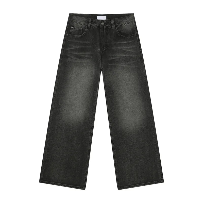 American Style Men's Denim Pants Washed Marks Straight Solid Color Trousers Wide Leg Male Jeans Simple Menswear New 9C9336