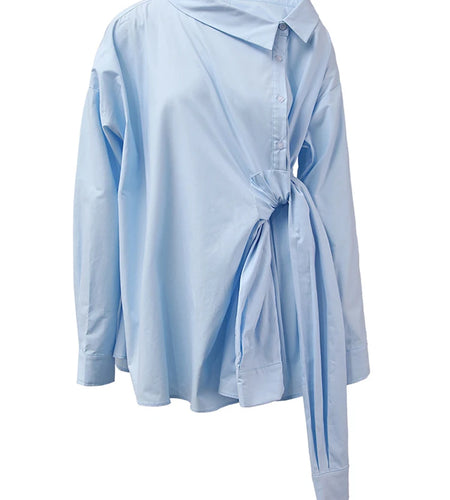 Women Blue Irregular Bandage Big Size Blouse New Skew Collar Long Sleeve Shirt Fashion Tide Spring Autumn 2025 CPDB112