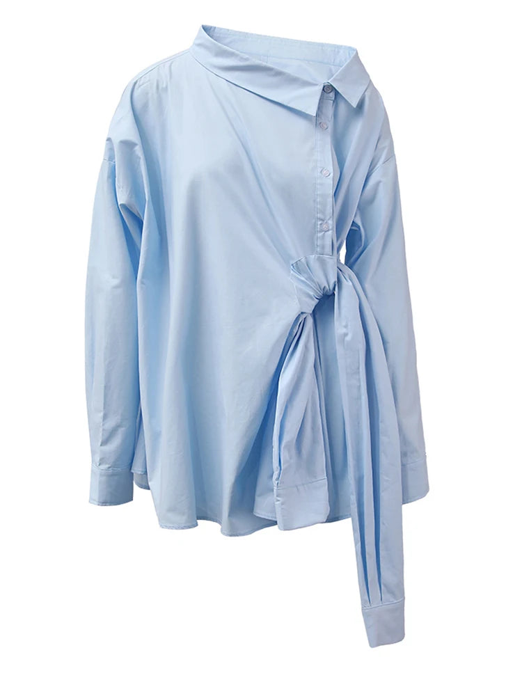 Women Blue Irregular Bandage Big Size Blouse New Skew Collar Long Sleeve Shirt Fashion Tide Spring Autumn 2025 CPDB112