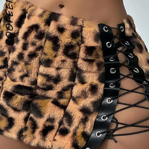 Load image into Gallery viewer, Leopard Print Fuzzy Skirts Assymetrical Side Lace-up Hollow Micro Mini Skirt Sexy Clothes for Women Trending C96-BC17
