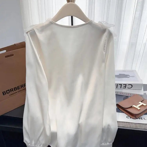 Load image into Gallery viewer, Vintage Women New White Elegant Long Sleeve T-shirt Autumn Beige V Neck Festival Short Pullover Tops Simplicity Popular Clothing
