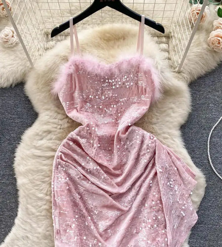 Beige Sexy Club Sequins Furry Slip Dress Black Off Shoulder Backless Fashion Women Slim Autumn Birthday Party Pink Mini Dresses