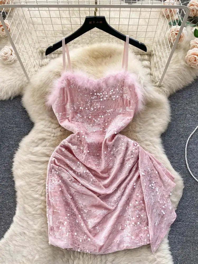 Beige Sexy Club Sequins Furry Slip Dress Black Off Shoulder Backless Fashion Women Slim Autumn Birthday Party Pink Mini Dresses