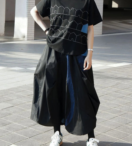 High Elastic Waist Black Blue Color-block Irregular A-line Half-body Skirt Women Fashion New Spring Autumn 2025 1DJ0209