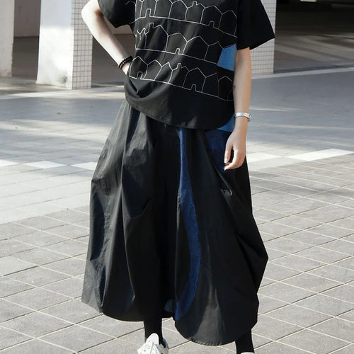 Load image into Gallery viewer, High Elastic Waist Black Blue Color-block Irregular A-line Half-body Skirt Women Fashion New Spring Autumn 2025 1DJ0209
