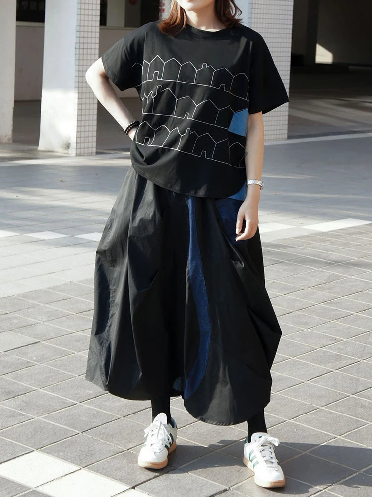 High Elastic Waist Black Blue Color-block Irregular A-line Half-body Skirt Women Fashion New Spring Autumn 2025 1DJ0209