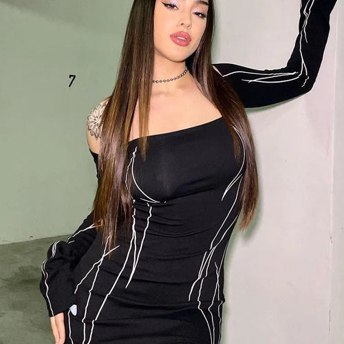 Load image into Gallery viewer, Asymmetrical Fashion Off Shoulder Women Dresses Bodycon Club Party Stripe Printed Elegant Sexy Dresses Goth Evening
