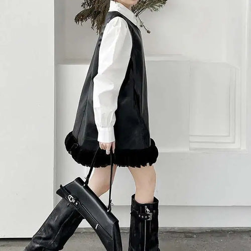 Load image into Gallery viewer, Black Leather Mesh Dress Shirt Two Pieces Suit New Lapel Long Sleeve Women Fashion Tide Spring Autumn 2025 1DH9256
