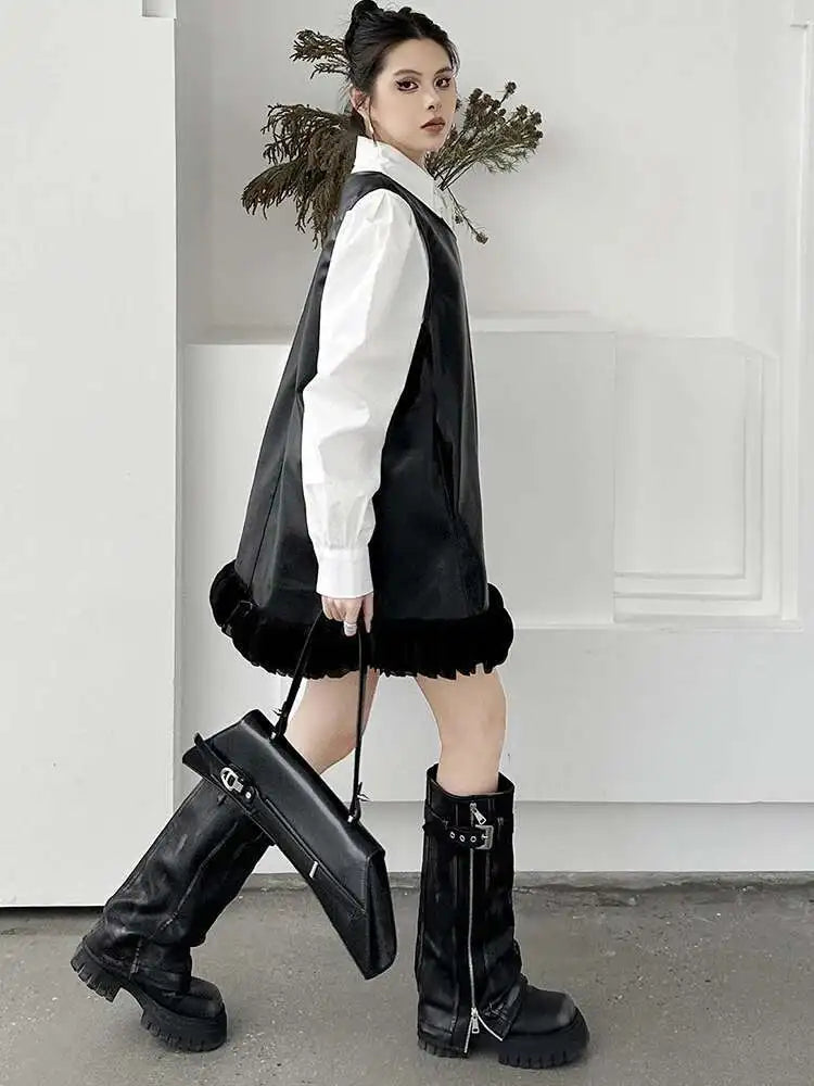 Black Leather Mesh Dress Shirt Two Pieces Suit New Lapel Long Sleeve Women Fashion Tide Spring Autumn 2025 1DH9256