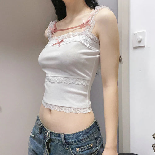 Load image into Gallery viewer, Sweet Korean Style Bow Crop Top Women Lace Patched White Camisole Coquette Clothes Cutecore Short Tops Mini Harajuku
