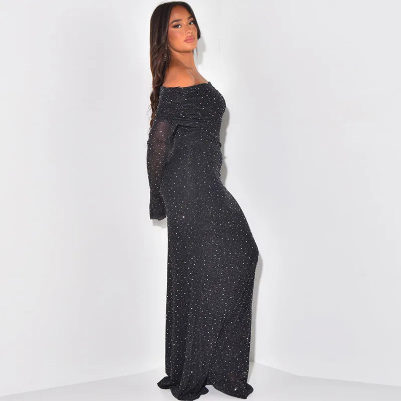 Glitter Off-shoulder Sexy Maxi Dress For Women Gown Black Strapless Long Sleeve Bodycon Club Party Sparkle Long Dress