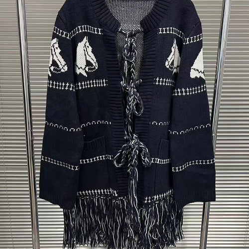 Load image into Gallery viewer, Hit Color Spliced Tassels Fashion Cardigans for Women O Neck Long Sleeves Patchwork Pockets Cardigan Female Clothes
