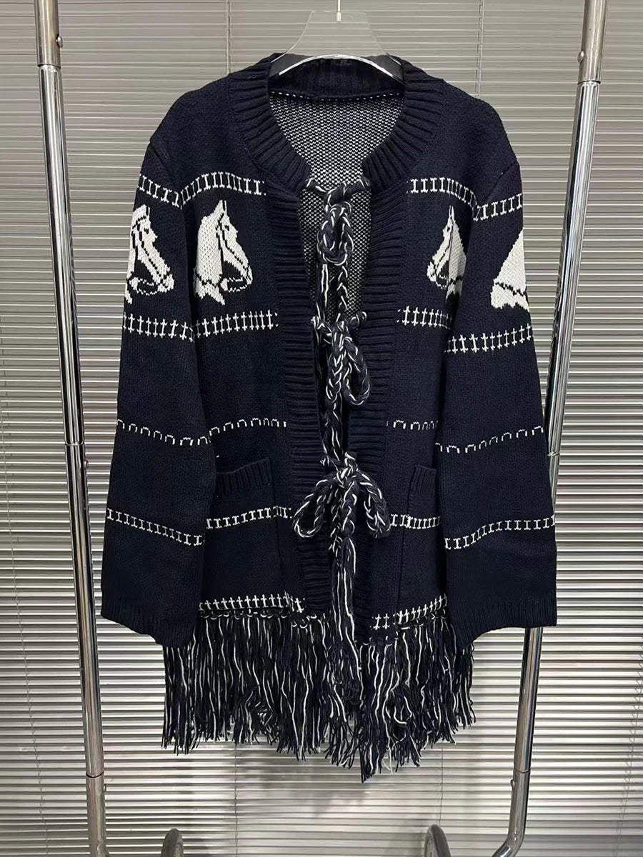 Hit Color Spliced Tassels Fashion Cardigans for Women O Neck Long Sleeves Patchwork Pockets Cardigan Female Clothes