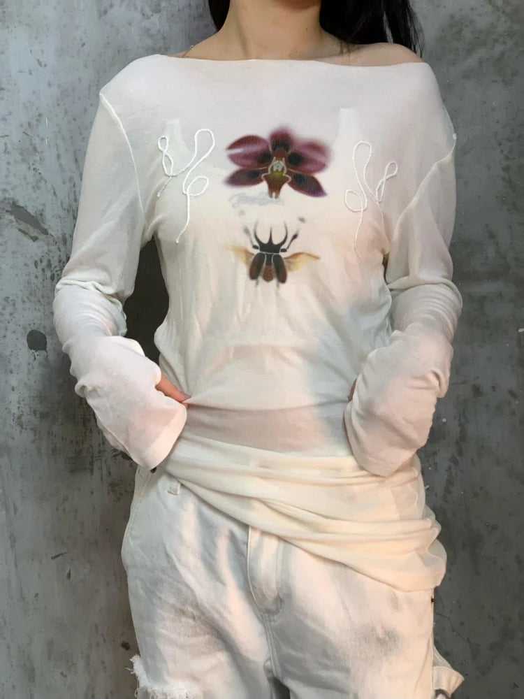 Y2k Aesthetic Flower Printing Casual Tshirts Women Harajuku Slim Fit Embroidery Tees 2025 Spring Grunge Slash Neck Simple Tops