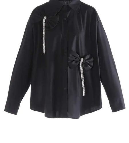 Women White Three-Dimensional Butterfly Bow Big Size Blouse New Lapel Long Sleeve Shirt Fashion Spring Autumn 2025 1DJ0005