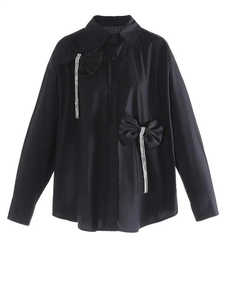 Women White Three-Dimensional Butterfly Bow Big Size Blouse New Lapel Long Sleeve Shirt Fashion Spring Autumn 2025 1DJ0005