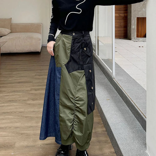 Load image into Gallery viewer, Hit Color Patchwork Raw Denim Skirt For Women High Waist Spliced Button High Street Fashion Skirt Female New Autumn
