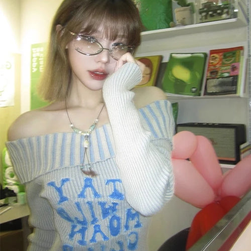 Load image into Gallery viewer, Sexy Off Shoulder Letter Women Sweaters Autumn Slim Vintage All Match Pullovers Sweet Y2k Striped Knitted Fairy Jumpers Trendy
