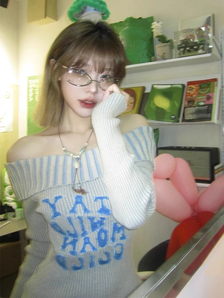 Sexy Off Shoulder Letter Women Sweaters Autumn Slim Vintage All Match Pullovers Sweet Y2k Striped Knitted Fairy Jumpers Trendy