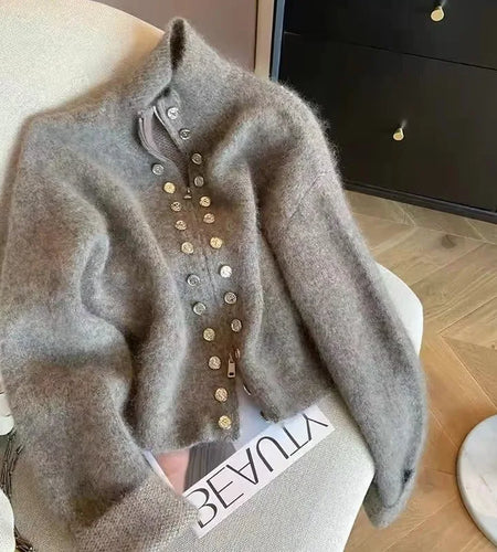 Vintage 2024 New Grey Elegant Double Breasted Stand Collar Zipper Knitted Sweater Women Autumn Winter Long Sleeve Cardigan Tops
