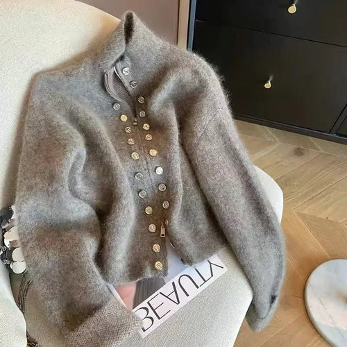 Load image into Gallery viewer, Vintage 2024 New Grey Elegant Double Breasted Stand Collar Zipper Knitted Sweater Women Autumn Winter Long Sleeve Cardigan Tops
