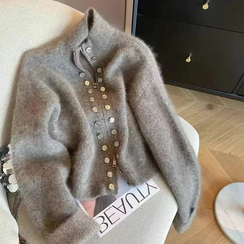 Vintage 2024 New Grey Elegant Double Breasted Stand Collar Zipper Knitted Sweater Women Autumn Winter Long Sleeve Cardigan Tops