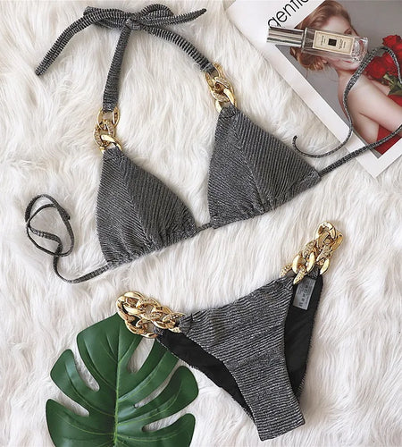 Sexy Glint Bikini 2024 Thong Bathing Suit for Women Brazilian Bikini Set Halter Swimwear Blue Push Up Swimsuit